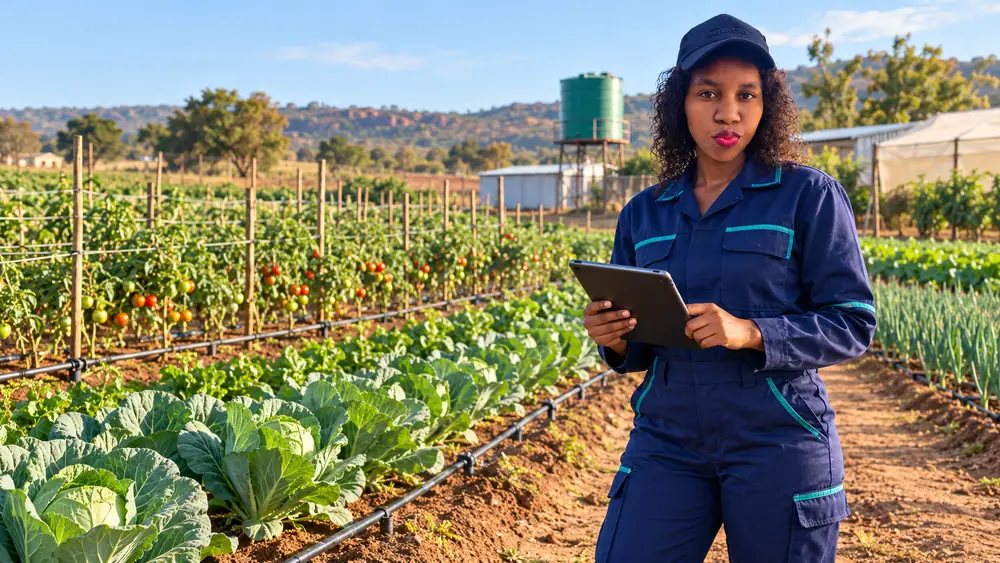Philile Msimanga checking a drip-irrigated vegetable field